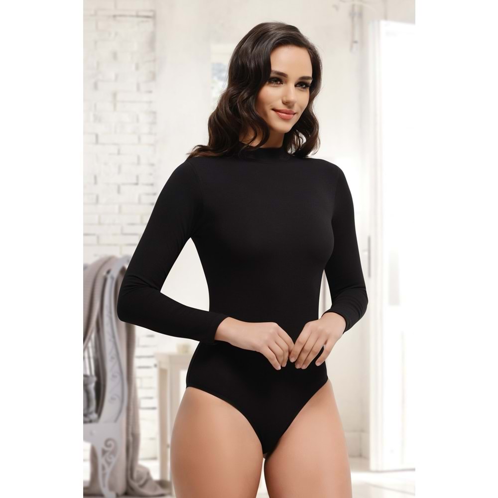 Belinay 0811 Uzun Kollu Bayan Çıtçıtlı Badi Siyah S