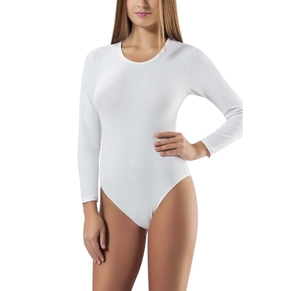 Belinay 0888 Uzun Kollu Geniş Yaka Modal Çıtçıtlı Bady Beyaz M