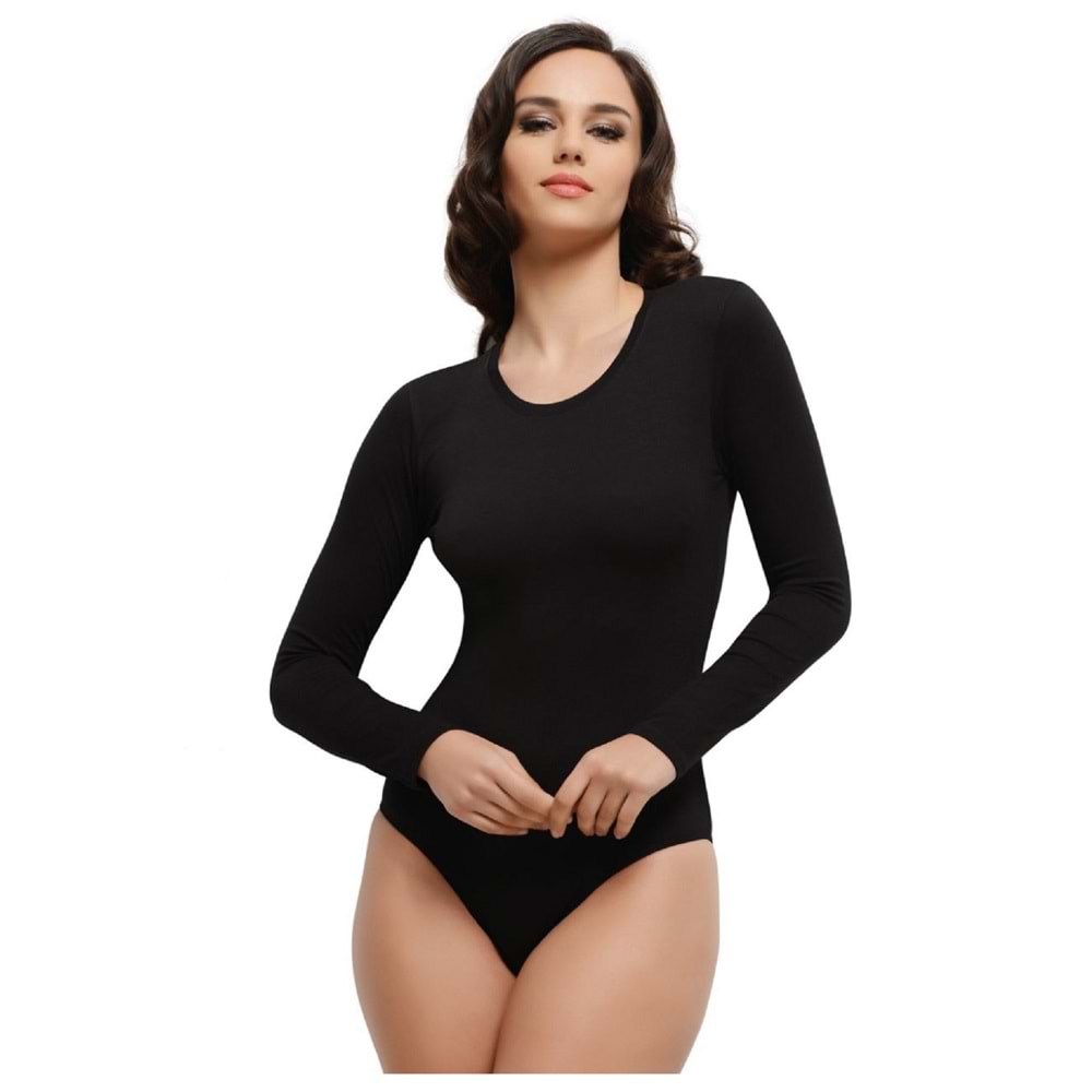 Belinay 0888 Uzun Kollu Geniş Yaka Modal Çıtçıtlı Bady Siyah L