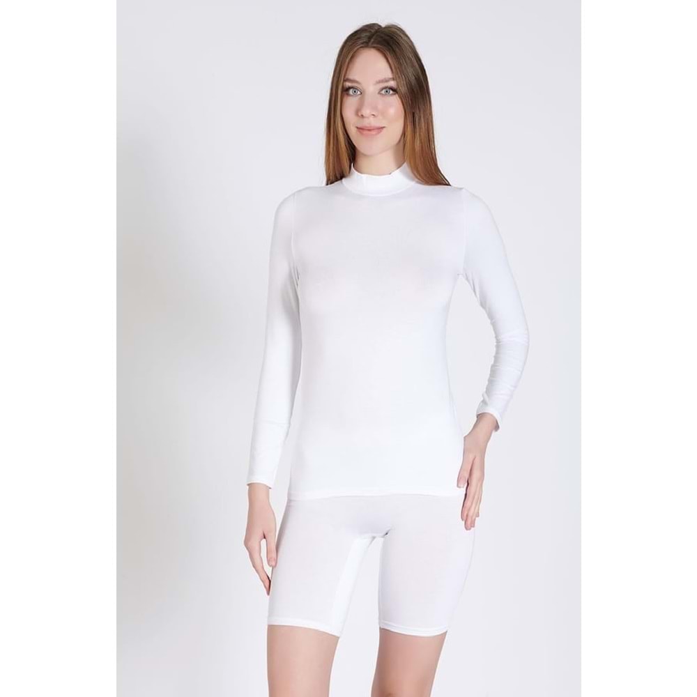 Belinay 0926 Kadın Uzun Kol Balıkçı Yaka Modal Body Beyaz M