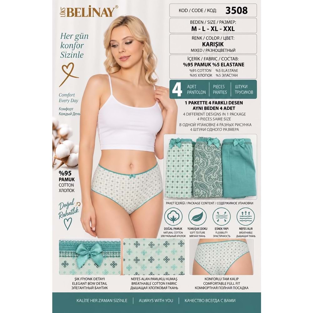 Belinay 3508 Kadın Yüksek Bel Bato Külot 4lü Paket Desenli XXL