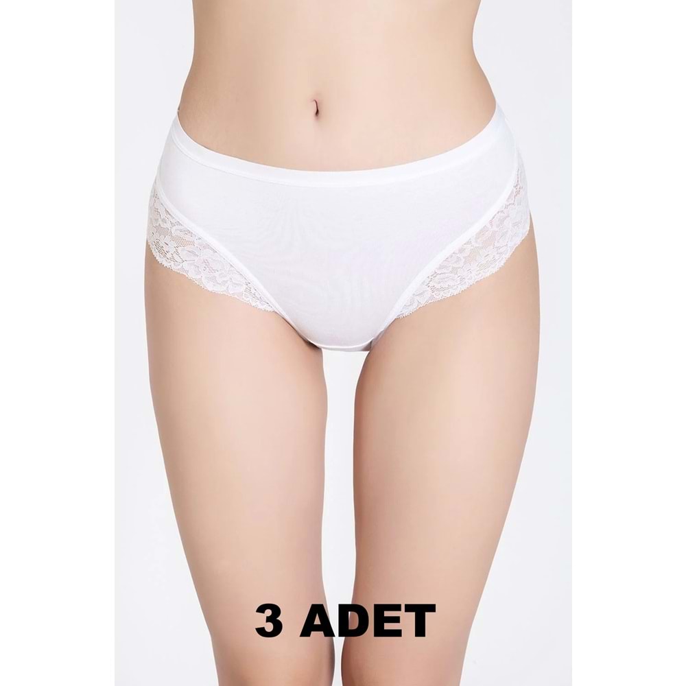 Belinay 3 Adet 0120 Kadın Yüksek Bel Dantelli Modal Külot Beyaz bly2