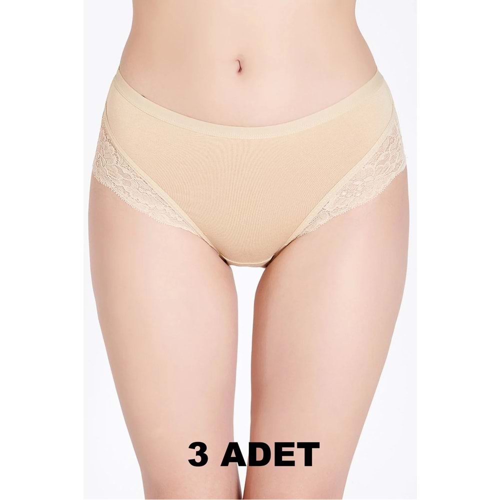 Belinay 3 Adet 0120 Kadın Yüksek Bel Dantelli Modal Külot Ten bly4