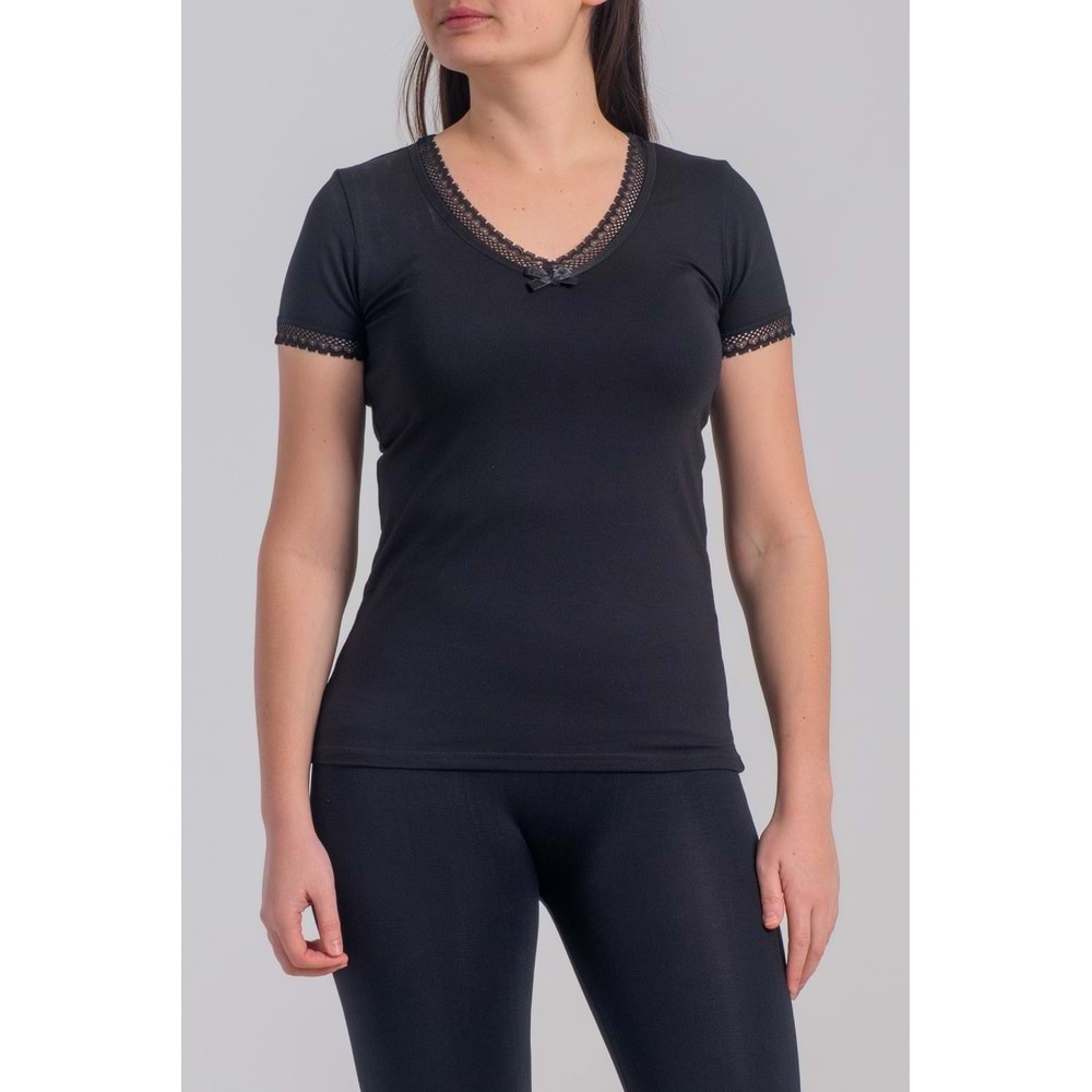 Belinay 8025 Kadın Dantelli Kısa Kol Body Siyah L