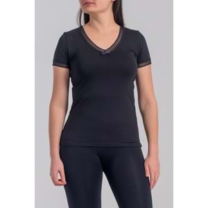 Belinay 8025 Kadın Dantelli Kısa Kol Body Siyah L