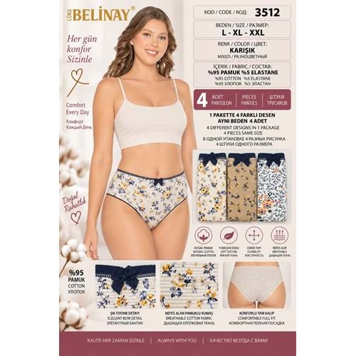 Belinay 3512 Kadın Yüksek Bel Bato Külot 4lü Paket