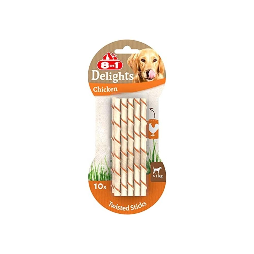 8in1 Delight Twisted Sticks Tavuklu Burgu Köpek Ödül Kemiği 10lu 55 gr.x2 Adet