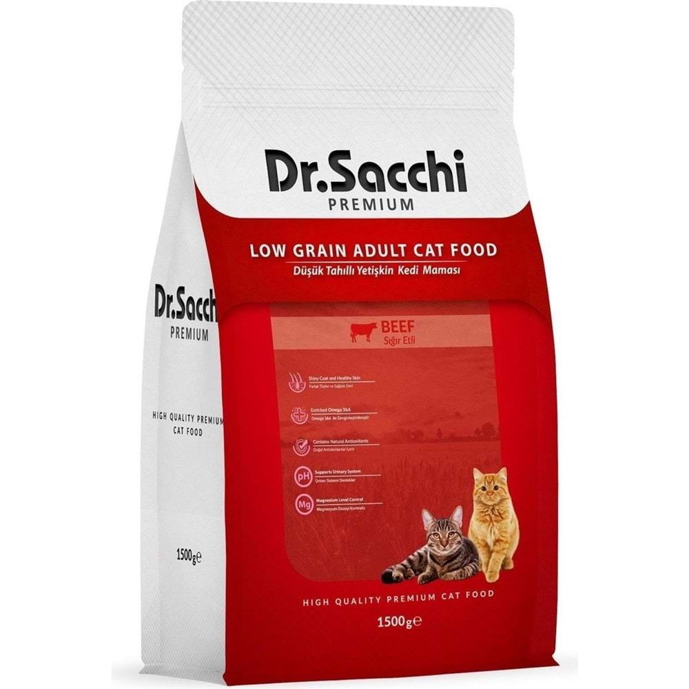 Dr.Sacchi Premium Sığır Etli Düşük Tahıllı Yetişkin Kedi Maması 1,5 kg