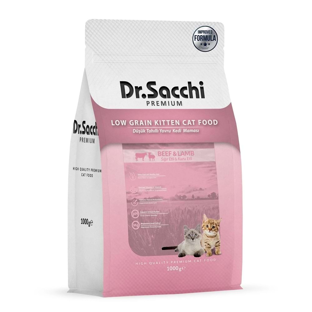 Dr.Sacchi Premium Düşük Tahıllı Sığır ve Kuzu Etli Yavru Kedi Mama 1 Kg