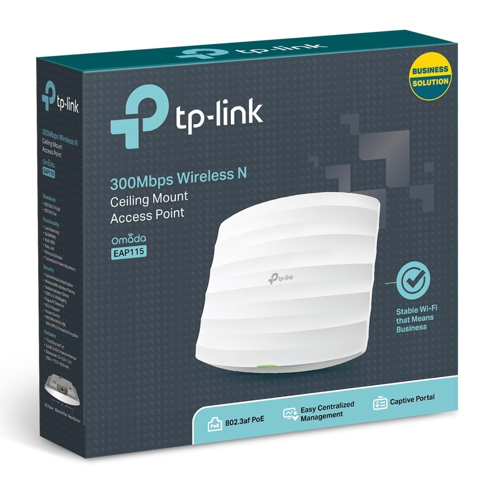 TP-LINK OMADA EAP115 1 PORT 300MBPS 2.4GHZ 2x3dBI TAVAN TIPI POE ACCESS POINT