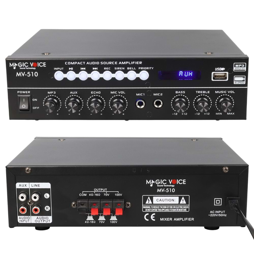 MAGİC VOİCE MV-510 50 WATT USB/SD/BLUETOOTH 2 MİK.ECO LU+2SD 2061*2 Lİ UK'LI GİRİŞLİ HAT TRAFOLU ANFİ