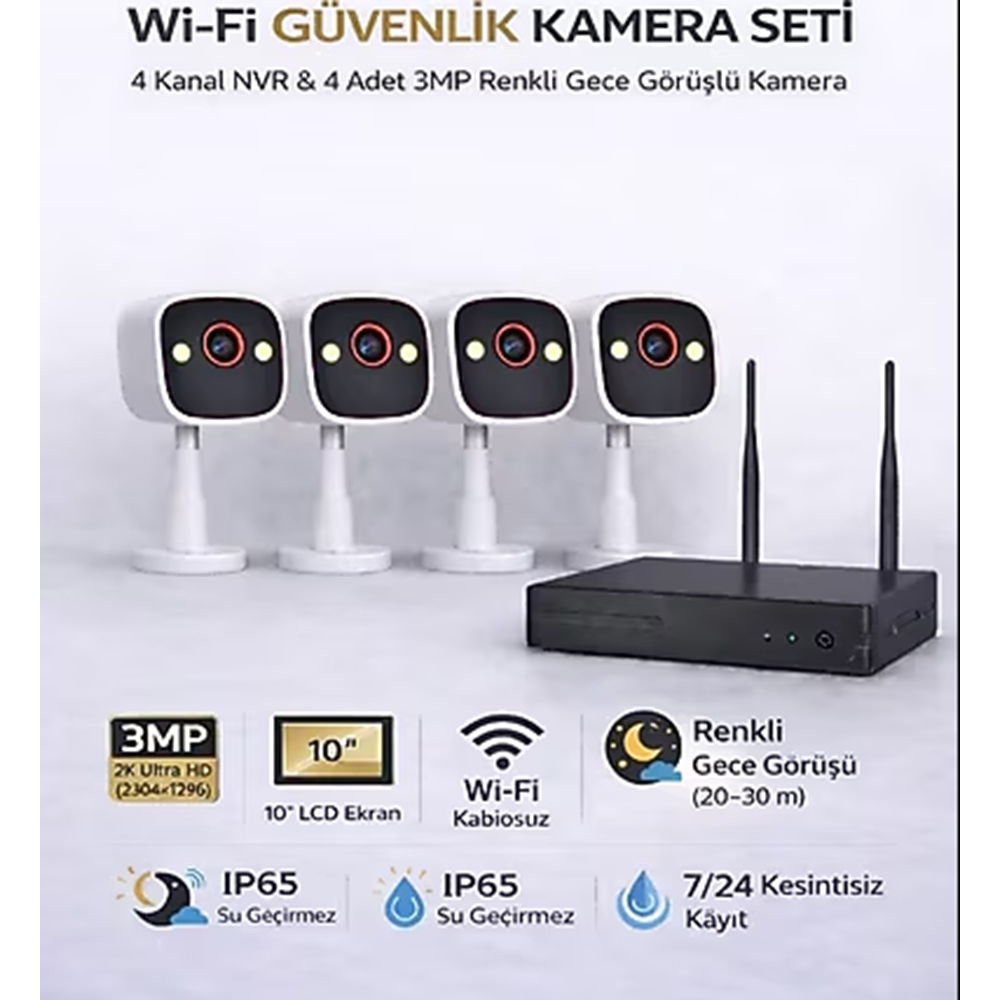 Apronx BS420 4 Kanal Nvr + 3Mp 4 Kamera Full Color Mik. Wifi Set