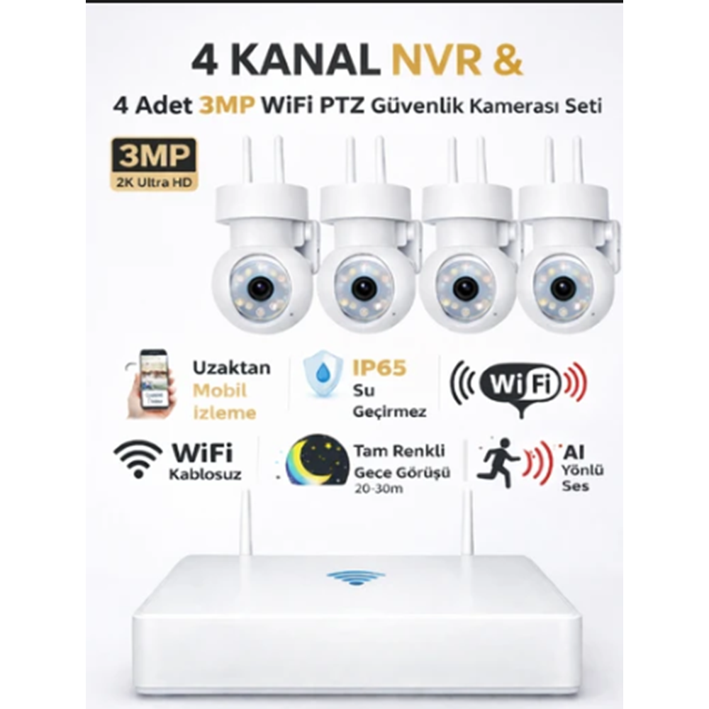 Apronx DS440 4 Kanal Nvr + 3Mp 4 Kamera Full Color Mik. PTZ Wifi Set
