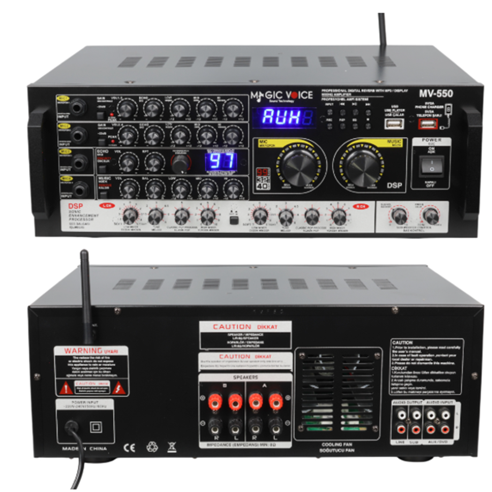 MAGIC VOICE AUDIO MIXER WITH AMPLIFIER - MAGICVOICE MV-550 2X100 WATT MAX 400 W USB/UK BALANS BT 4 MİK. GİRİŞLİ 4 HOPARLÖR ÇIKIŞLI STREO TRAFOSUZ MIXER KÜP ANFİ