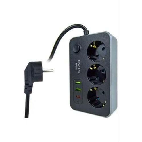 IRON STAR AKIM KORUMALI 3 LÜ PRİZ + 3 USB