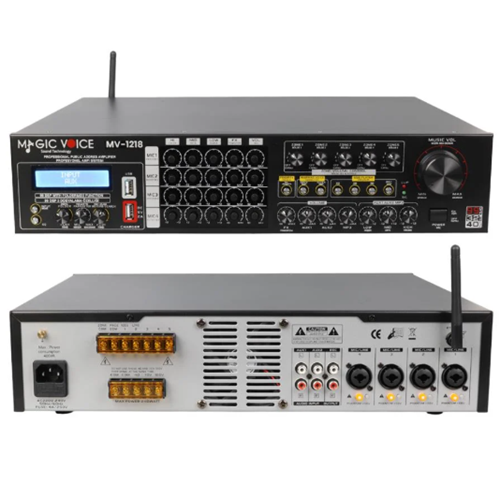 MAGIC VOICE AUDIO MIXER WITH AMPLIFIER - MAGICVOICE MV-1218 USB BT-UK 5 ZONE-4 MİC GİRİŞ RMS 80W*1CH 360W MAX +4-16-70-100V TRAFOLU ANFİ 420X350X80MM