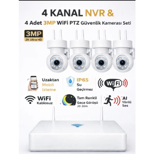 Apronx DS440 4 Kanal Nvr + 3Mp 4 Kamera Full Color Mik. PTZ Wifi Set