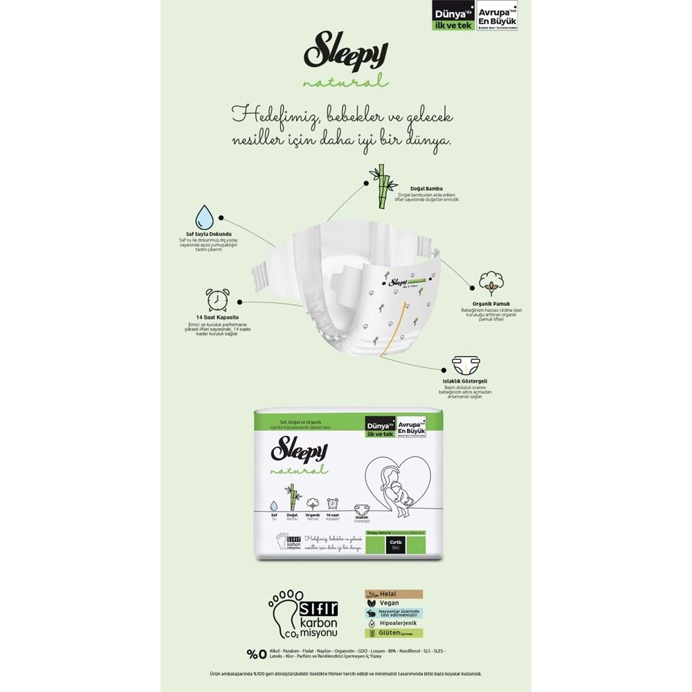 Sleepy Bebek Bezi Natural 4+ Beden (9-16 KG) Maxi Plus 44 Adet Fırsat Pk