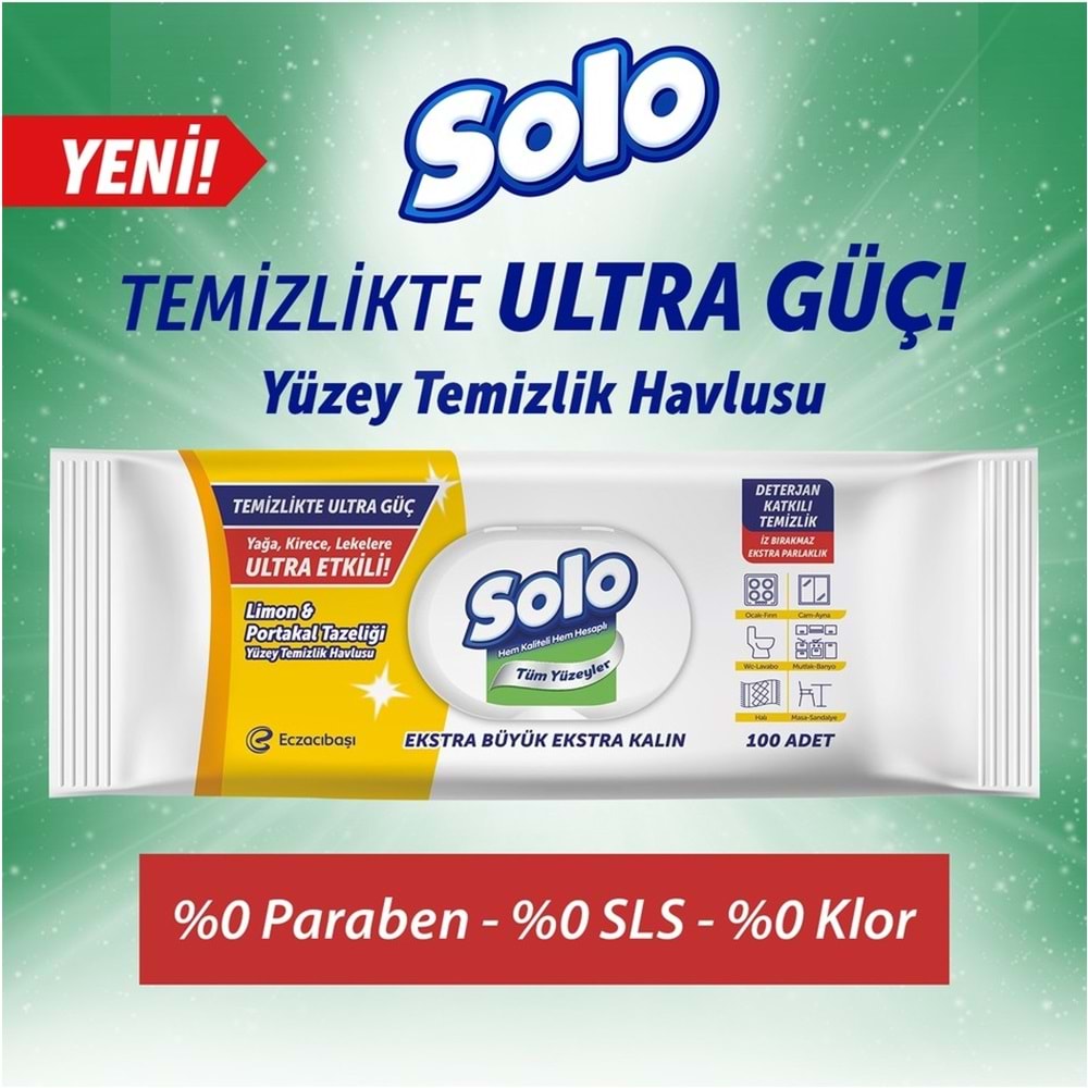 Solo Yüzey Temizlik Havlusu - Mendili 100 Yaprak Limon & Portakal Tazeliği Plastik Kapaklı