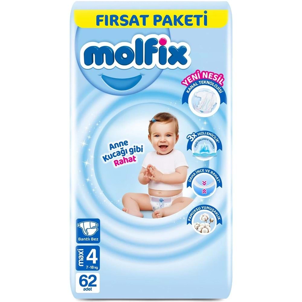 Molfix Bebek Bezi 4 Beden 7-14 KG Maxi 62 Adet Fırsat Pk