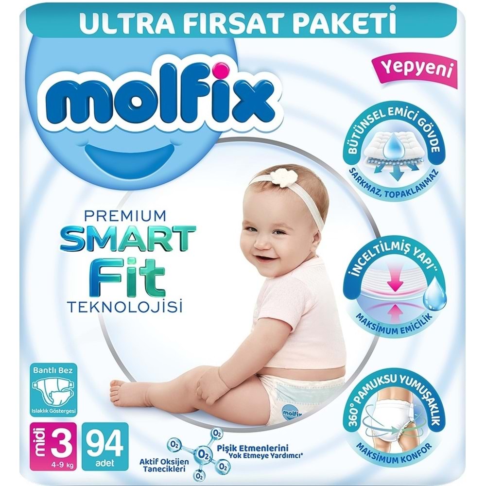 Molfix Premium Smart Fit Bebek Bezi 3 Beden 4-9 KG Midi 94 Adet Ultra Fırsat Pk