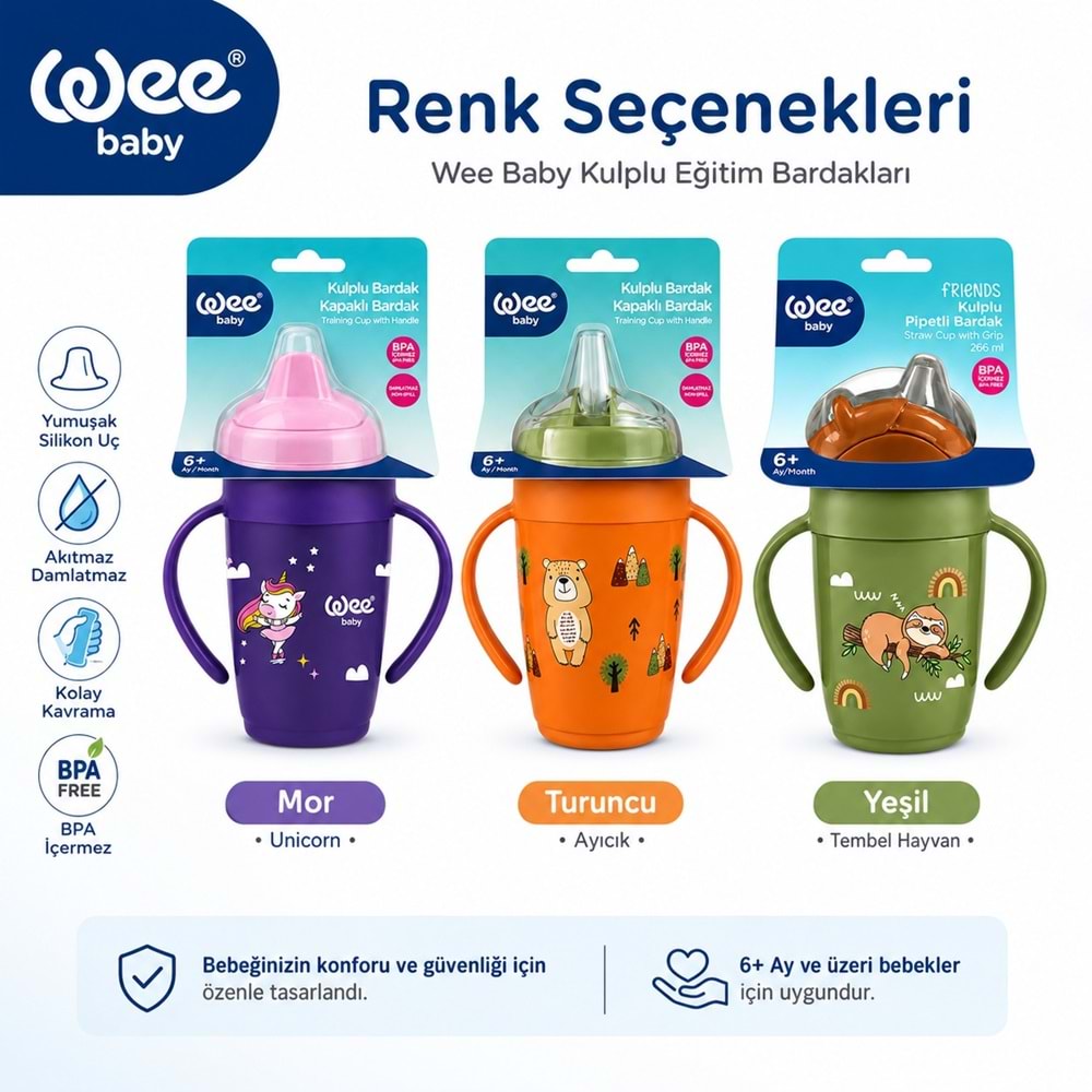 Wee Baby Friends Kulplu Pipetli Bardak 265 ML (Kod:339) Seçenekli - Yeşil
