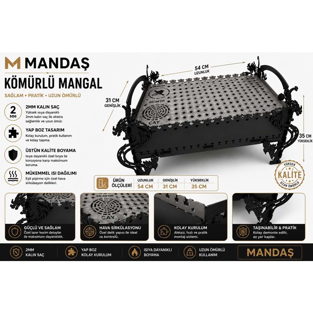 MANDAŞ Yapboz Kömürlü Mangal 54x31x35 cm - 2 mm Kalın Çelik - Elektrostatik Boyalı - Kolay Kurulum