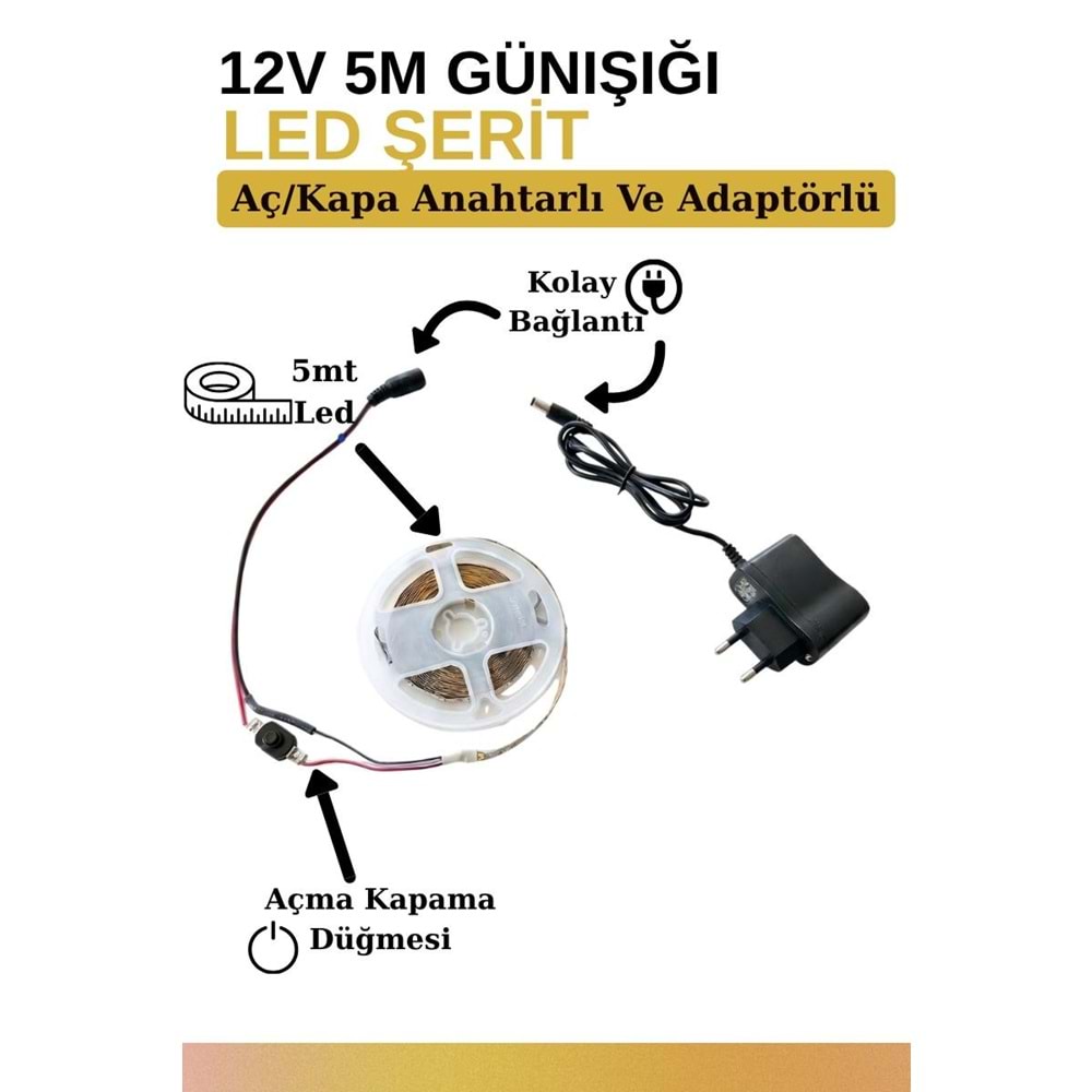 Mandaş 5 Metre Günışığı Şerit Led 3000K Mutfak Tezgah Üstü Dolap Altı İçin 12V Tam Set