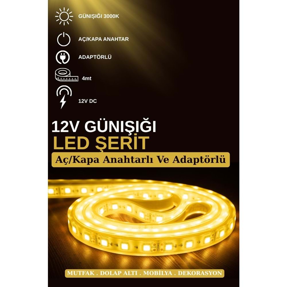 Mandaş 4 Metre Günışığı Şerit Led 3000K Mutfak Tezgah Üstü Dolap Altı İçin 12V Tam Set