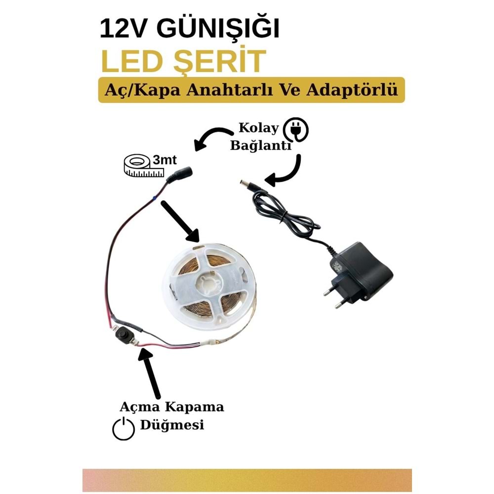 Mandaş 3 Metre Günışığı Şerit Led 3000K Mutfak Tezgah Üstü Dolap Altı İçin 12V Tam Set