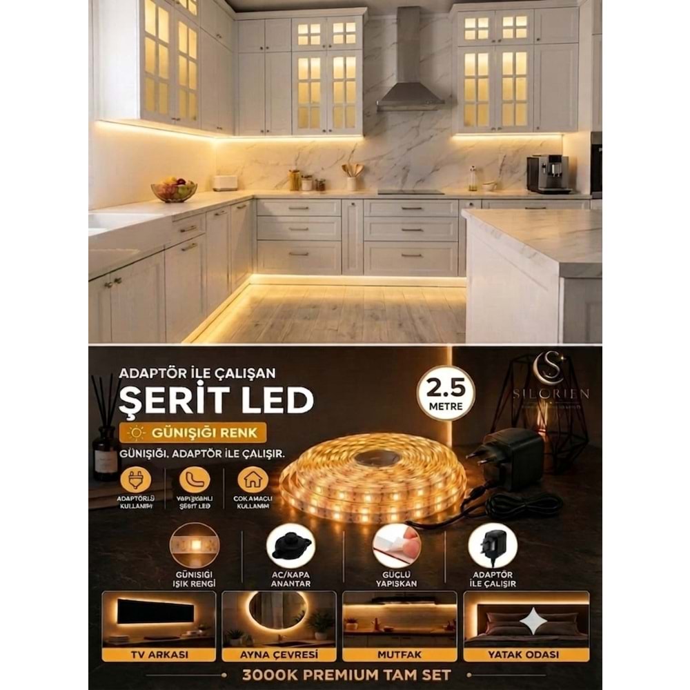 Silorien 2.5 Metre Günışığı Şerit LED Mutfak Dolabı Tezgah Üstü Adaptörlü Aç Kapa Buton Tak Çalıştır