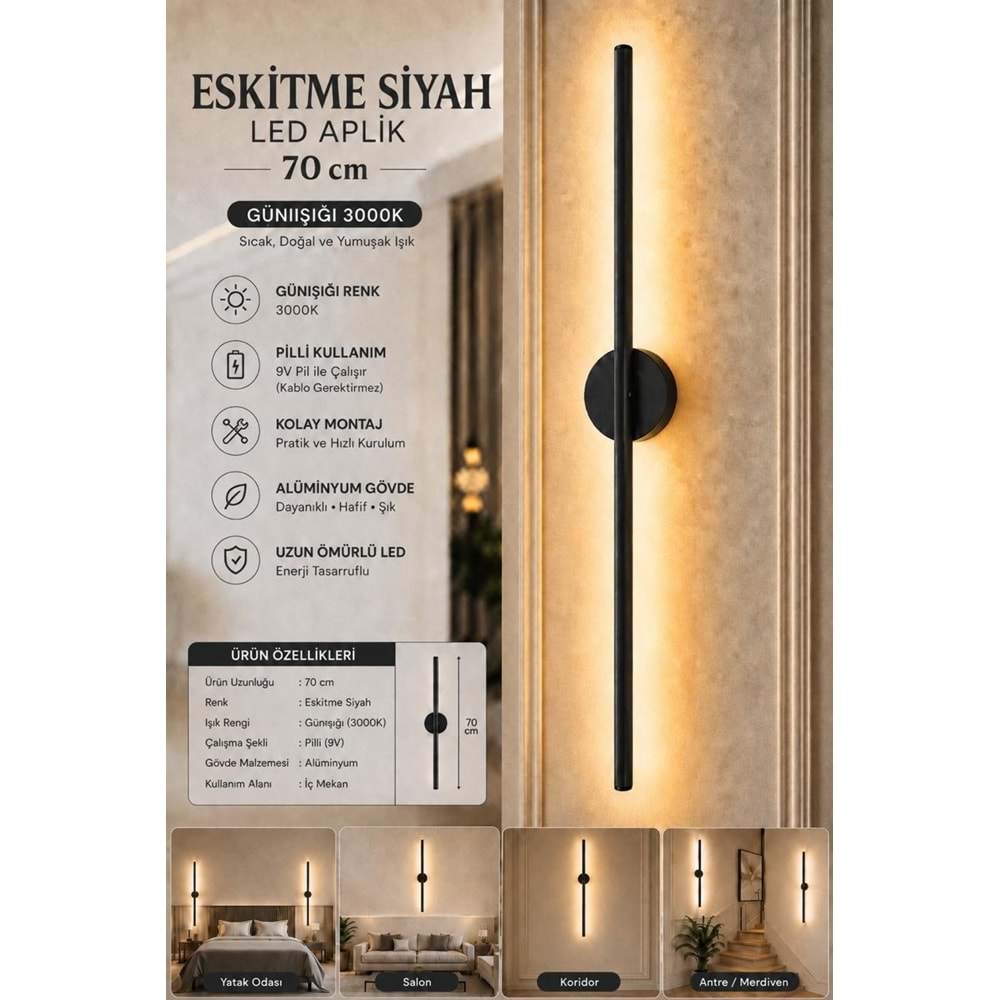 MANDAŞ Siyah Gün Işığı 70 CM Led Duvar Aplik 1 Adet|Pilli Kablosuz Kullanım Tak-Çalıştır