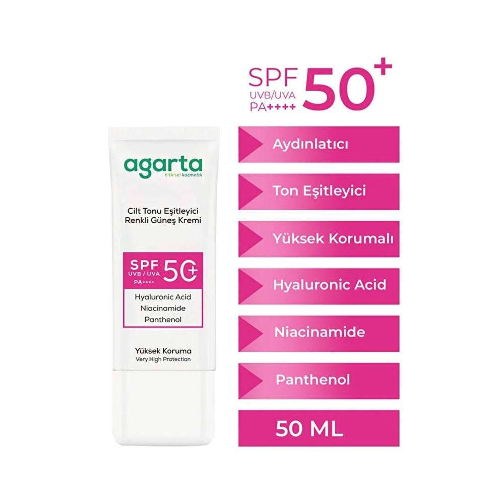 Agarta Cilt Tonu Eşitleyici Renkli Kapatıcı Etkili Spf+50 Faktör Güneş Kremi 50 ML