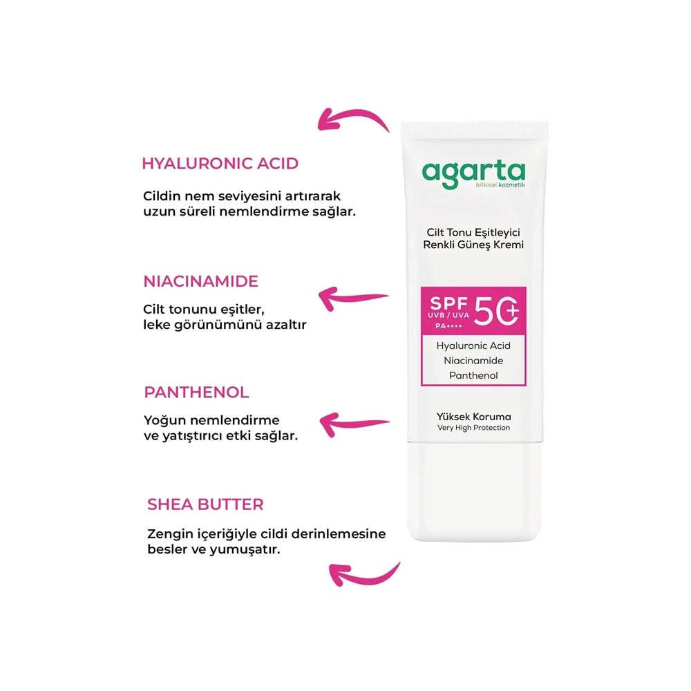 Agarta Cilt Tonu Eşitleyici Renkli Kapatıcı Etkili Spf+50 Faktör Güneş Kremi 50 ML