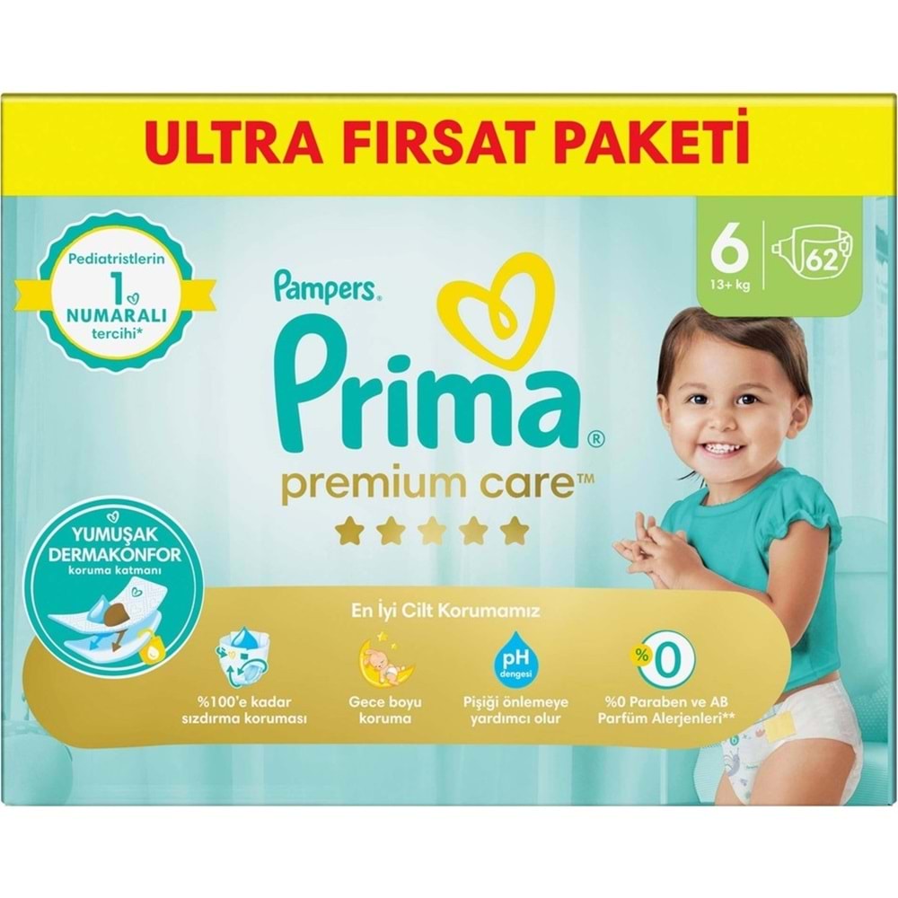Prima Premium Care Bebek Bezi 6 Beden 13+ Extra Large 62 Adet Ultra Fırsat Pk