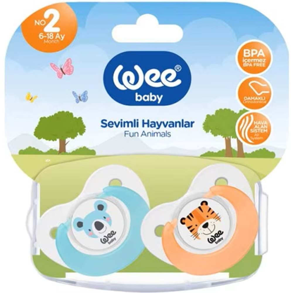 Wee Baby Sevimli Hayvanlar Damaklı Emzik No:2 2 Li Pk (6-18 Ay) Mavi - Turuncu