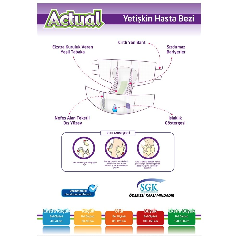 Actual Yetişkin Bezi Bel Bantlı L - Large - Büyük 180 Adet (6PK*30)