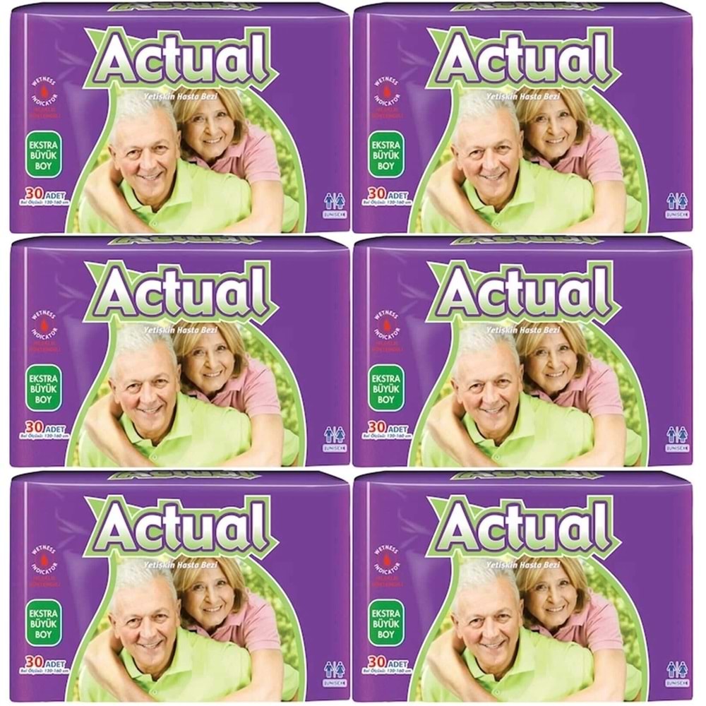 Actual Yetişkin Bezi Bel Bantlı XL - Ekstra Büyük - Extra Large 180 Adet (6PK*30)