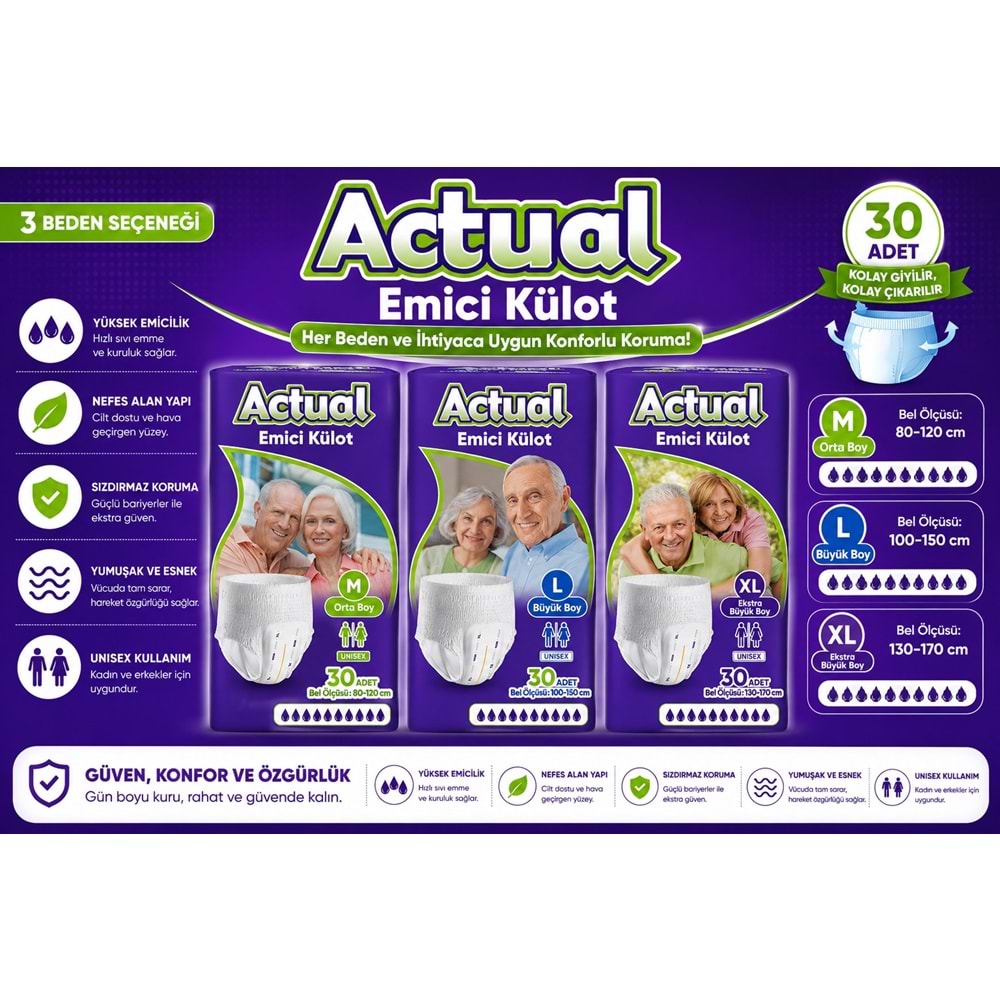 Actual Emici Külot Yetişkin Bezi L - Large - Büyük (Islaklık Göstergeli) 180 Adet