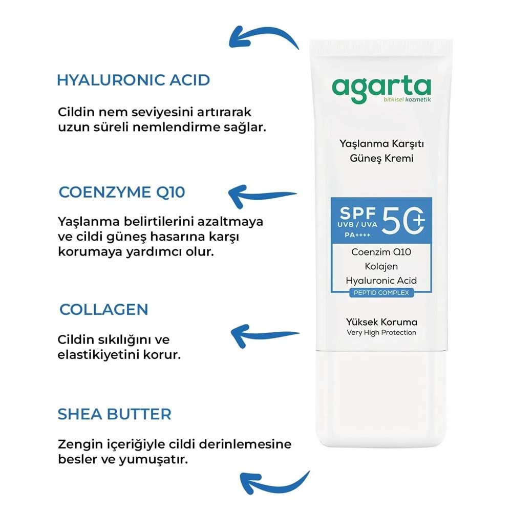 Agarta Yaşlanma Karşıtı Collagen Destekli Spf+50 Faktör Yüz Güneş Kremi 50 ML (6 Lı Set)