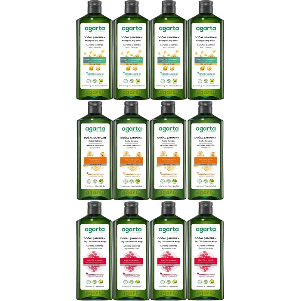 Agarta Doğal Şampuan 400 ML Kepek Karşıtı - Ardıç Katranı,Keratin - Saç Dökülmesine (12Li Karma Set)
