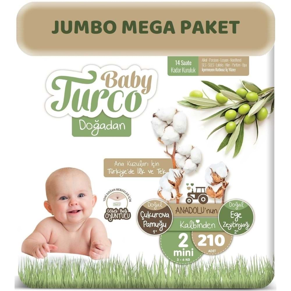 Baby Turco Bebek Bezi Doğadan 2 Beden 3-6 KG Mini 210 Adet Jumbo MeGa Pk