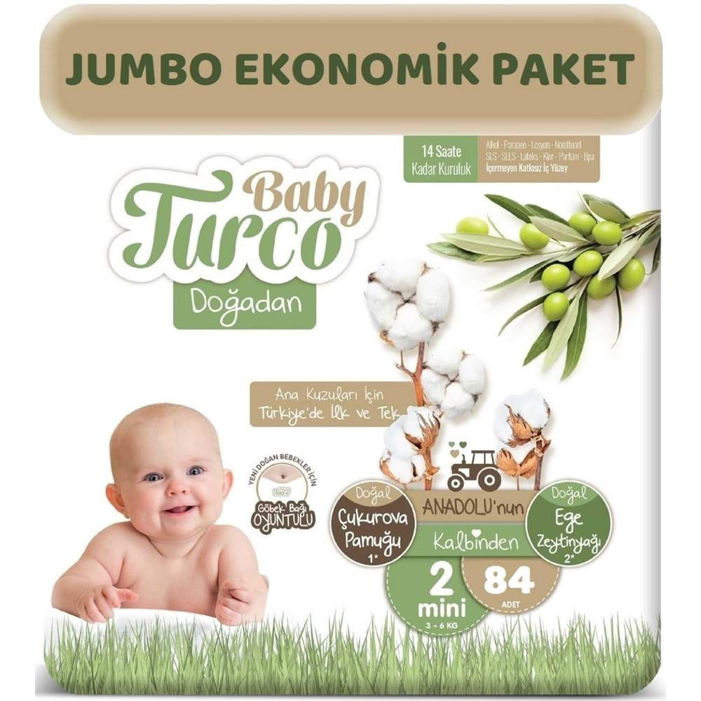 Baby Turco Bebek Bezi Doğadan 2 Beden 3-6 KG Mini 84 Adet Jumbo Ekonomik Pk
