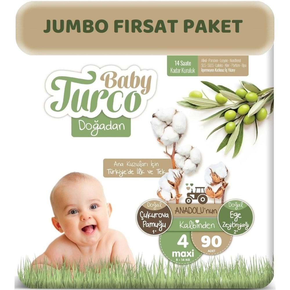 Baby Turco Bebek Bezi Doğadan Beden:4 (8-14Kg) Maxi 90 Adet Jumbo Fırsat Pk