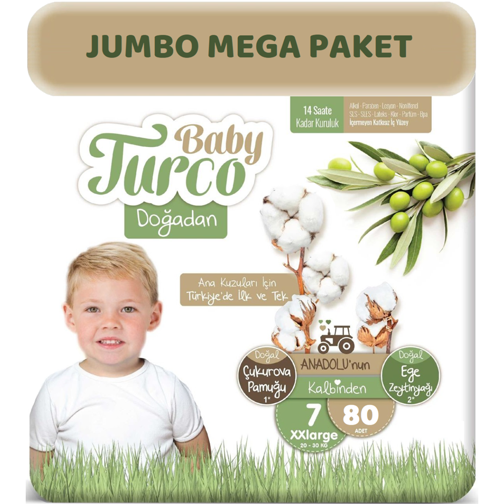Baby Turco Bebek Bezi Doğadan Beden:7 (20-30Kg) XXLarge 80 Adet Jumbo Mega Pk