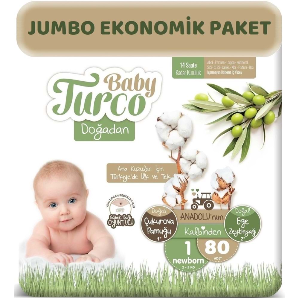 Baby Turco Bebek Bezi Doğadan Beden:1 (2-5Kg) Yeni Doğan 80 Adet Jumbo Ekonomik Pk