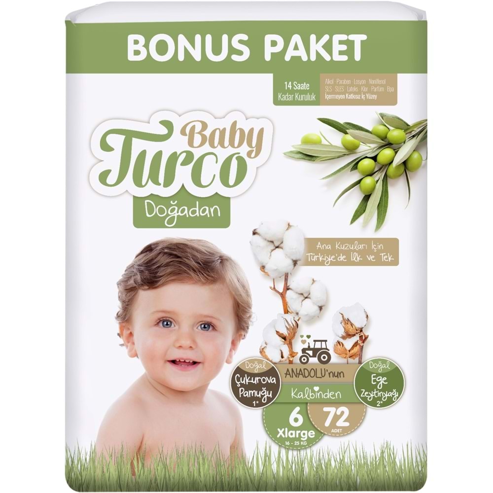 Baby Turco Bebek Bezi Doğadan 6 Beden 16-25 KG XLarge 288 Adet Aylık Bonus Pk