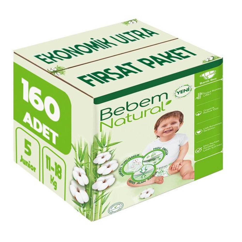 Bebem Bebek Bezi Natural 5 Beden 11-18 KG Junior 160 Adet Ekonomik Ultra Fırsat Pk