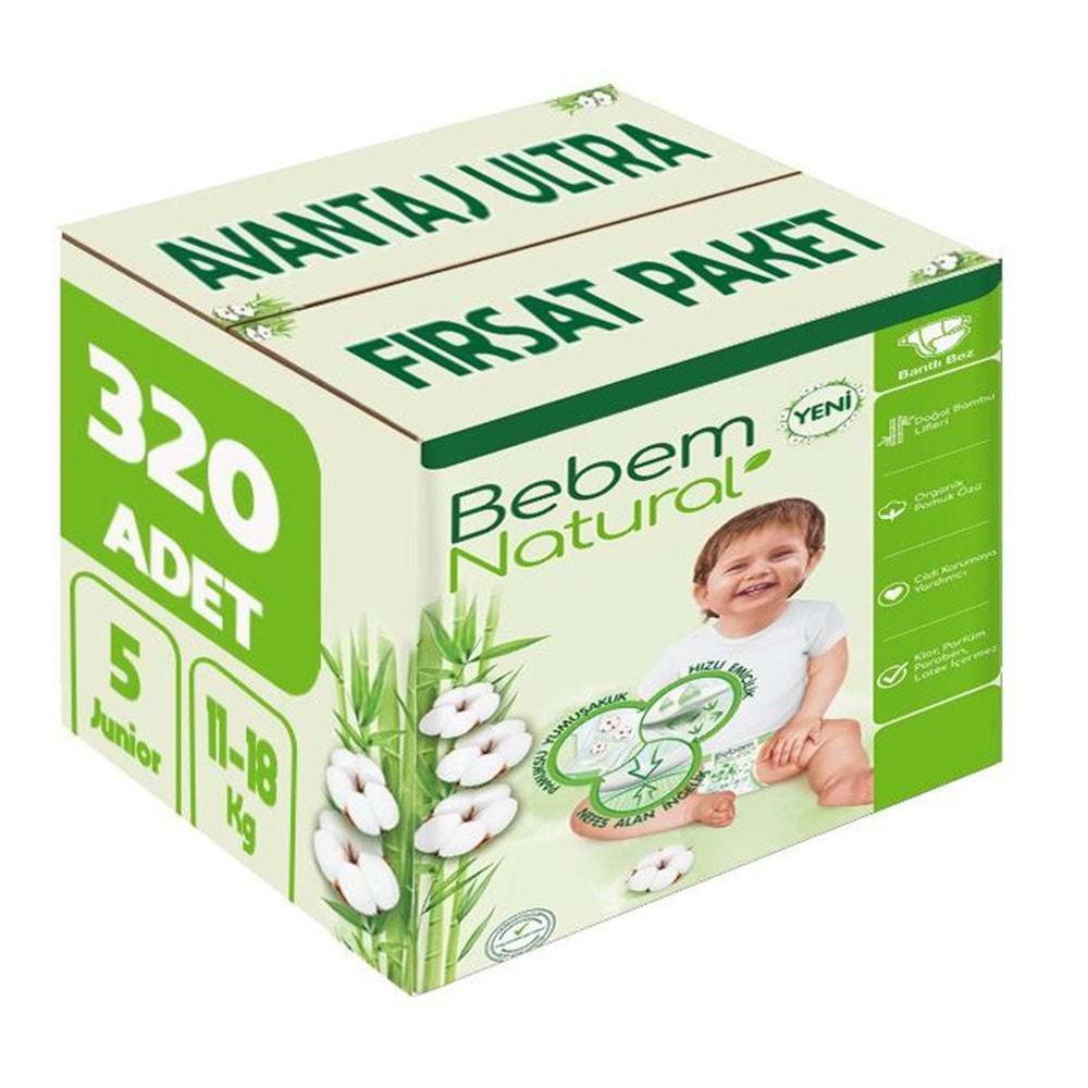 Bebem Bebek Bezi Natural 5 Beden 11-18 KG Junior 320 Adet Avantaj Ultra Fırsat Pk