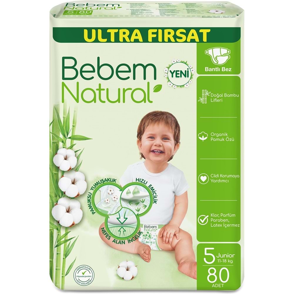 Bebem Bebek Bezi Natural 5 Beden 11-18 KG Junior 400 Adet MeGa Ultra Fırsat Pk